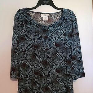 N Touch dark brown & teal patterned drape neck blouse Sz M